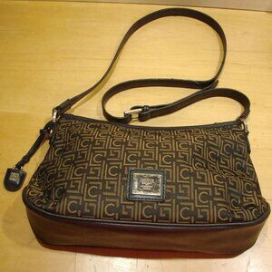 Liz Claiborne Monogram Crossbody Shoulder Bag Dark Brown Gold Adjustable Straps